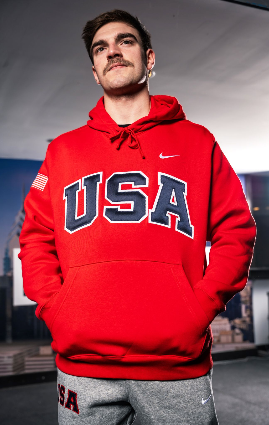 Red Retro Nike Hoodie with Sewn-On USA and Flag