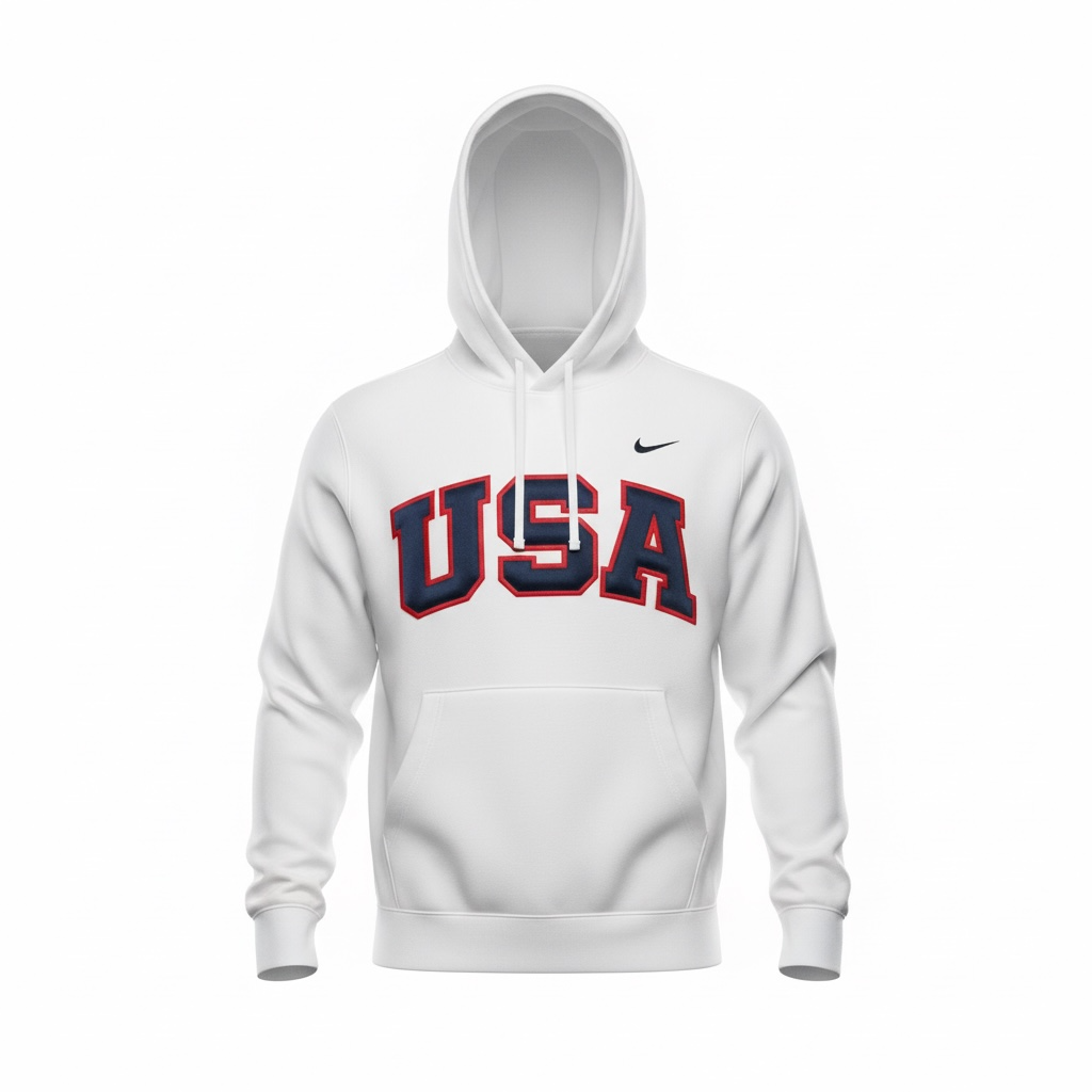 White Retro Nike Hoodie with Sewn-On USA and Flag