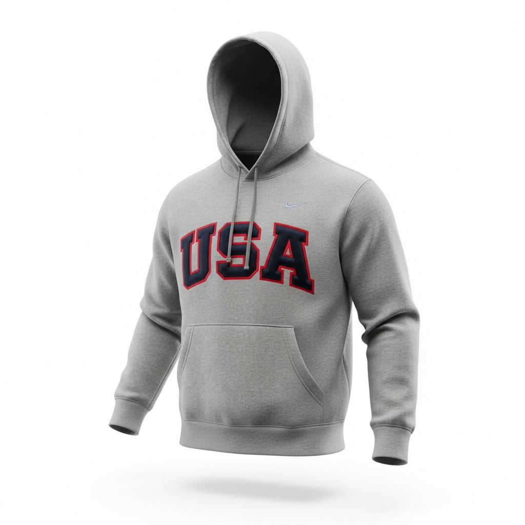 Grey Retro Nike Hoodie with Sewn-On USA and Flag