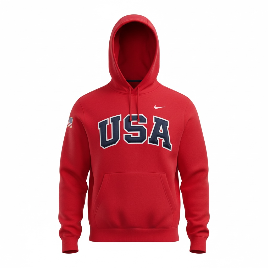 Red Retro Nike Hoodie with Sewn-On USA and Flag